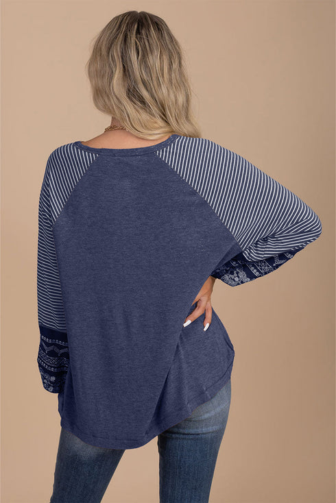 Contrast Print Striped Raglan Crew Neck Loose Long Sleeve Top
